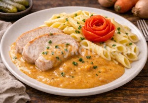 Sertéskaraj vadas mártással és penne tésztával