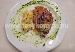 foetel Pulykamellfilé fokhagymás bundában póréhagymás tört burgonyával cékla és zöldborsócsírával